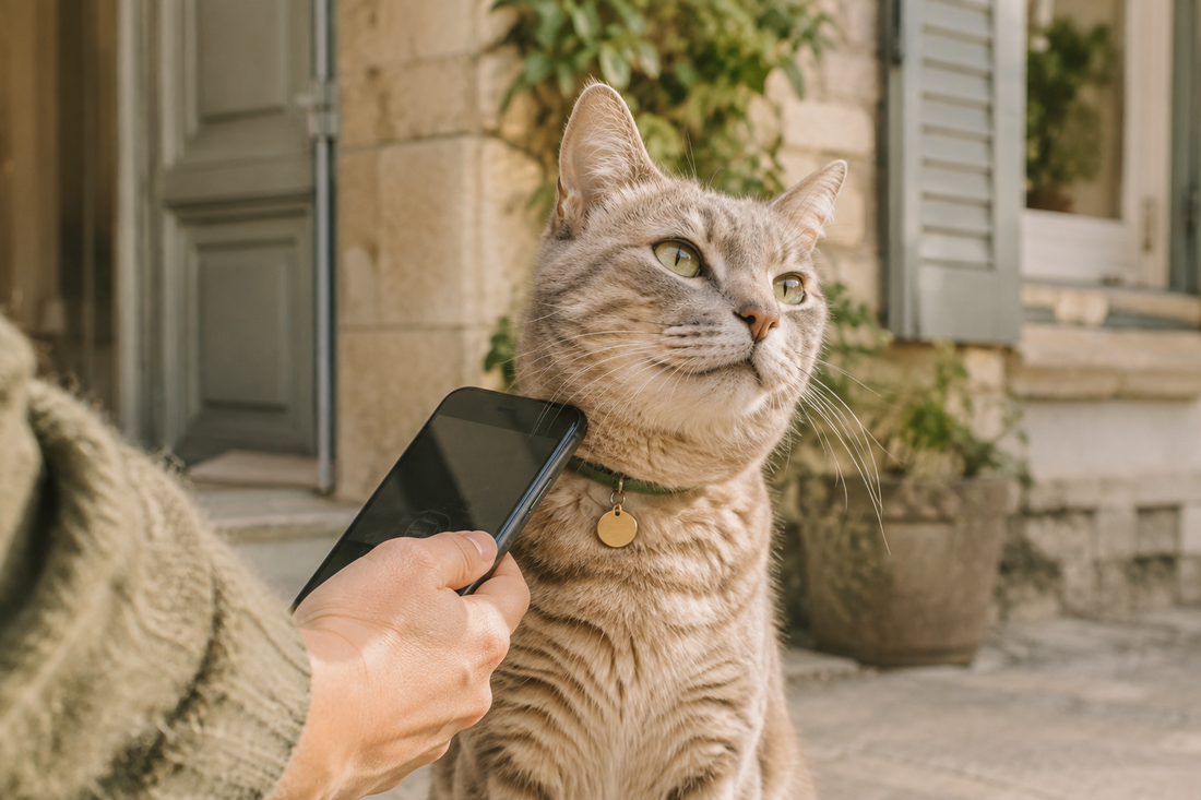 Personne scannant la médaille d'un chat trouvé avec son téléphone