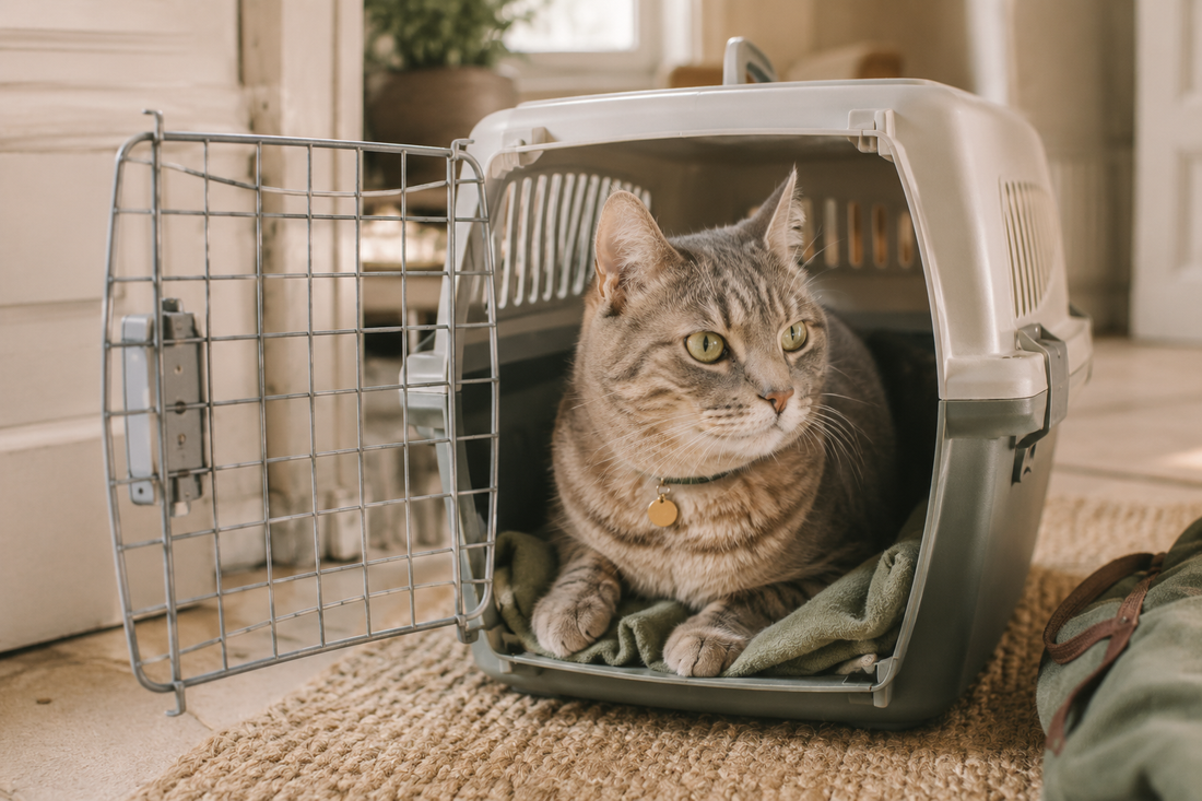 Chat calme dans sa caisse de transport, prêt à voyager