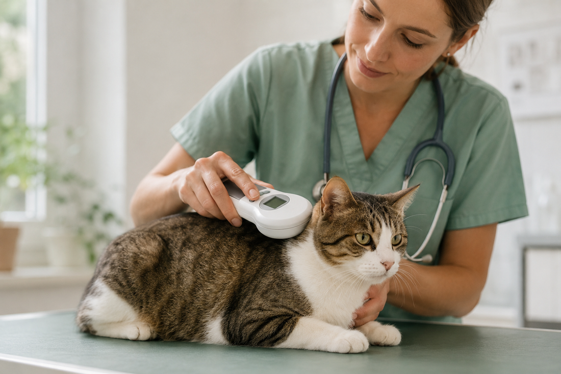 Vétérinaire lisant la puce électronique d'un chat