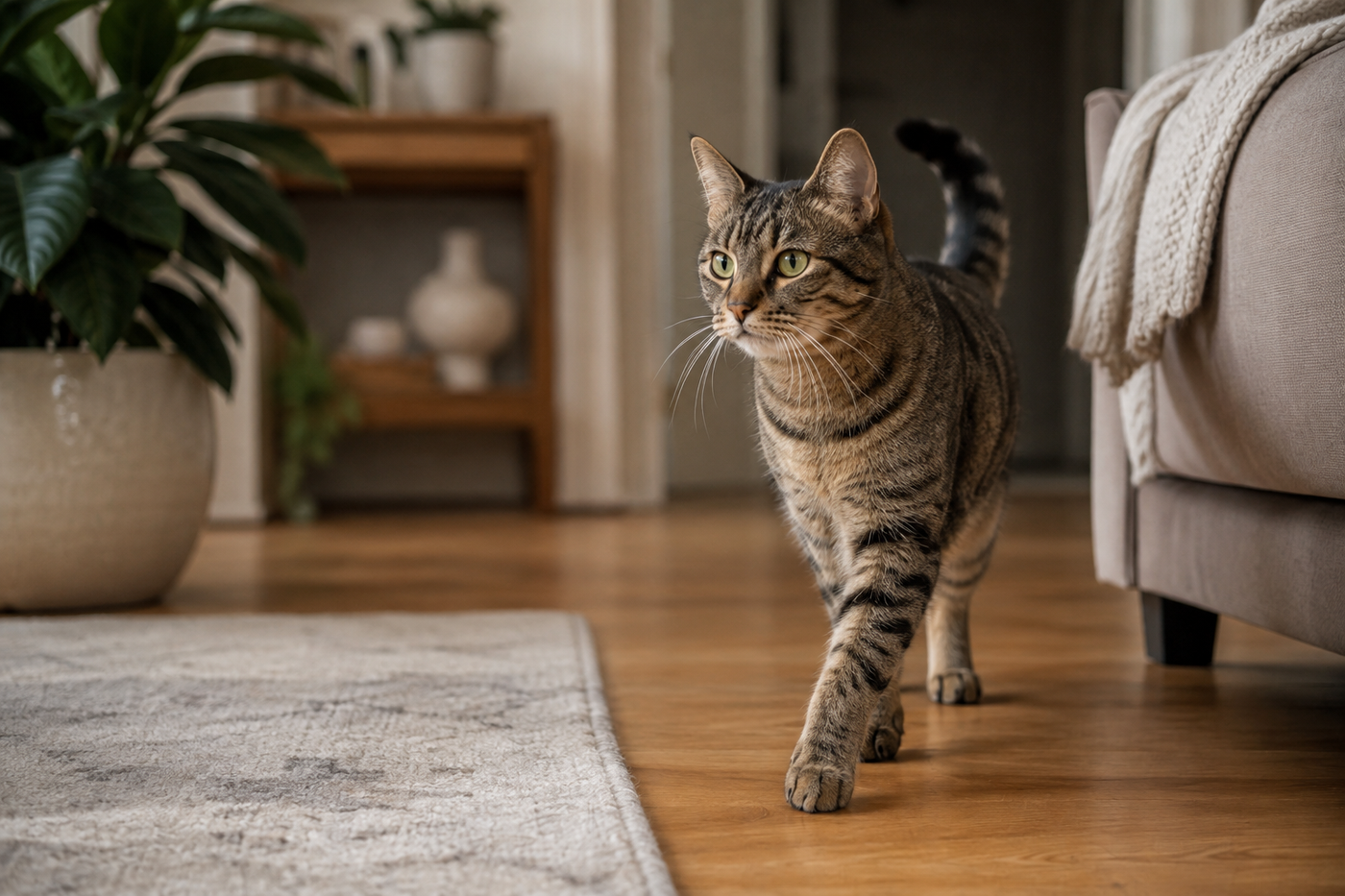 Chat aveugle explorant son territoire familier