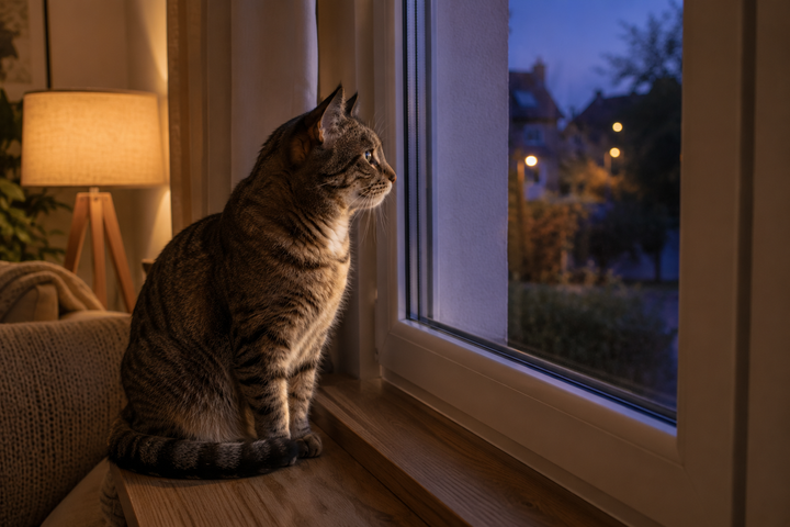 Chat observant l'extérieur depuis une fenêtre