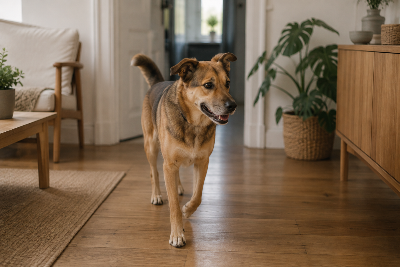 Chien aveugle se déplaçant avec assurance chez lui