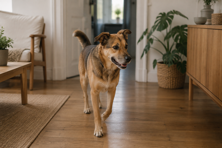 Chien aveugle se déplaçant avec assurance chez lui