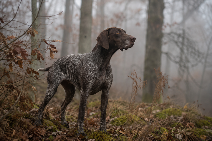 Chien de chasse en alerte dans un sous-bois