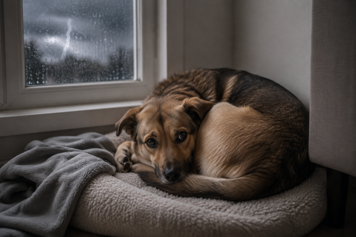 Chien réfugié au calme dans un coin rassurant pendant un orage