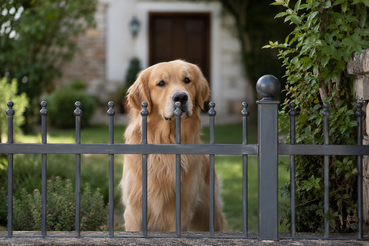 Chien derrière la clôture d'un jardin sécurisé
