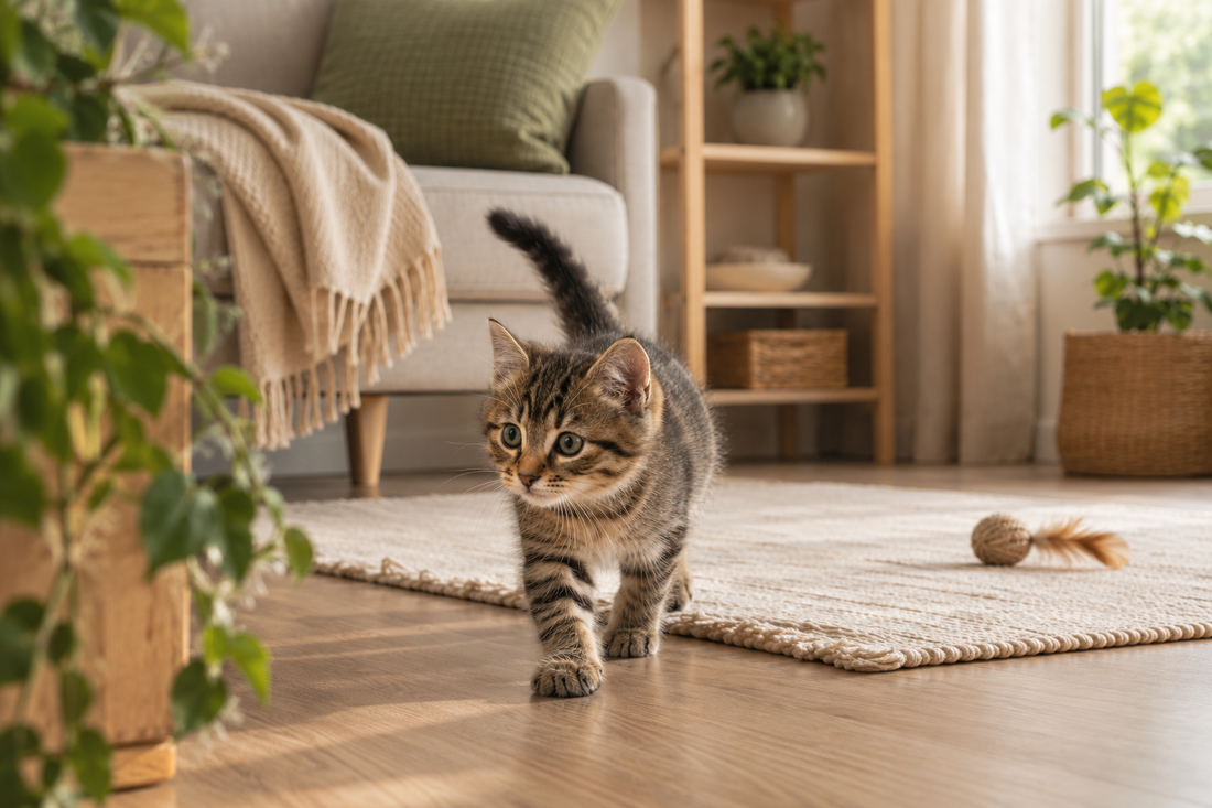 Un chaton curieux explorant un salon chaleureux
