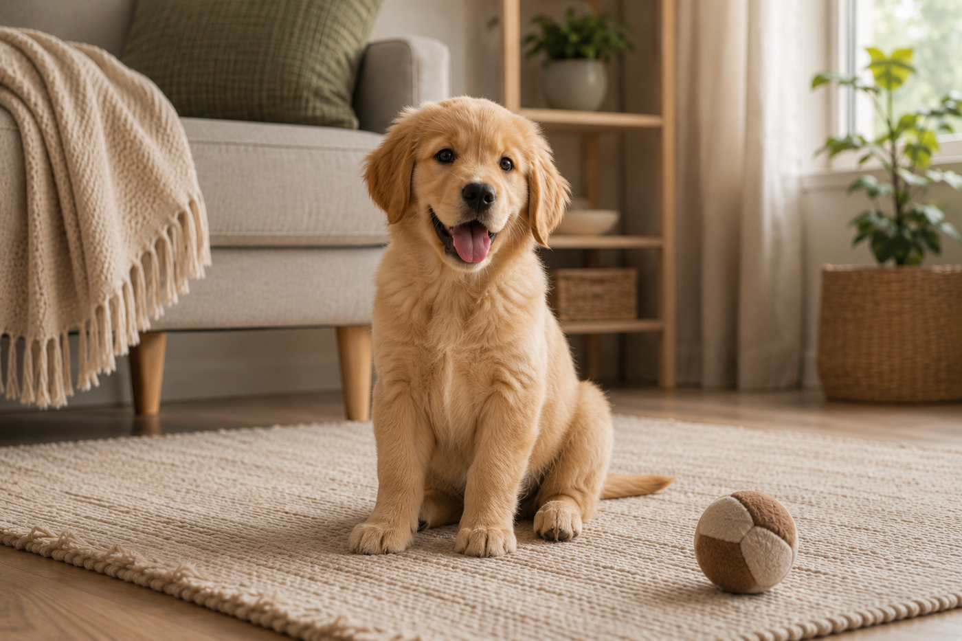 Un chiot joueur assis dans un salon lumineux