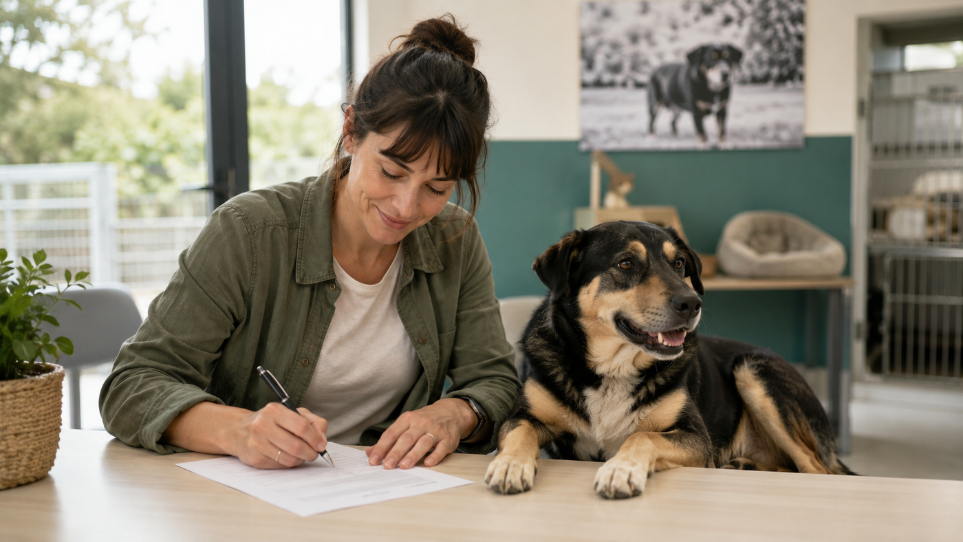 Une personne signe le certificat d'engagement et de connaissance à côté d'un chien calme, en refuge