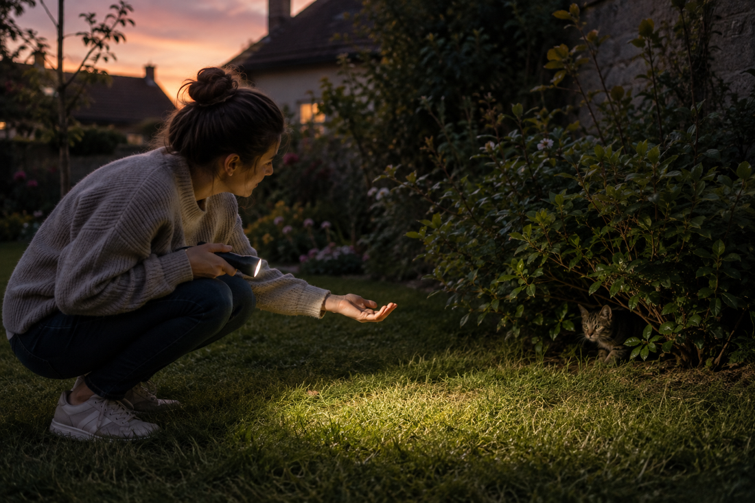 Une personne cherchant son chat le soir avec une lampe torche