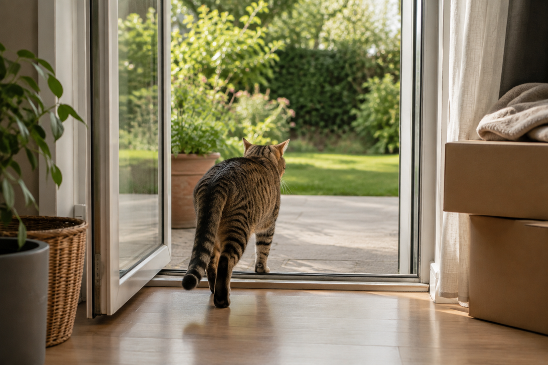 Un chat sortant dans le jardin par la porte-fenêtre