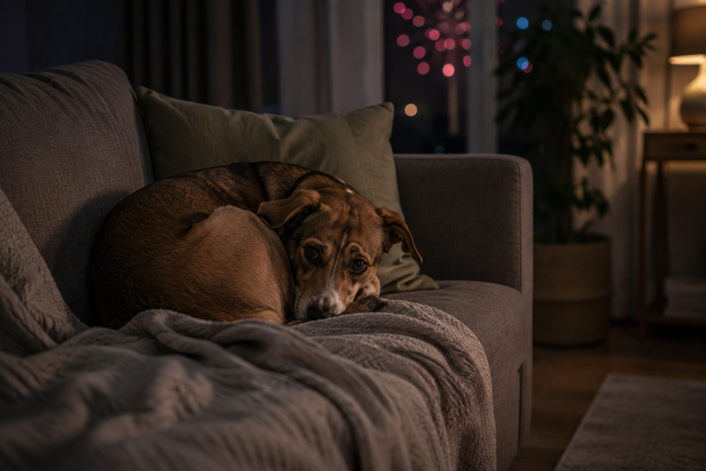 Un chien anxieux la nuit pendant des feux d'artifice