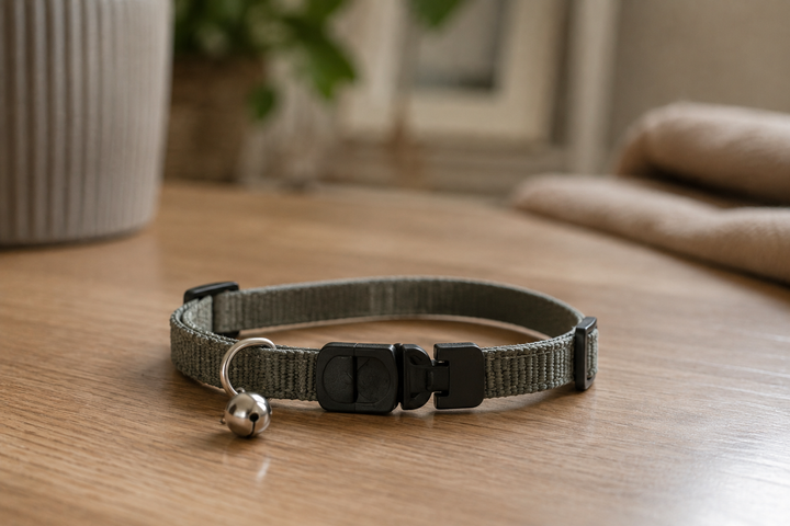 Un collier pour chat à boucle de sécurité posé sur une table