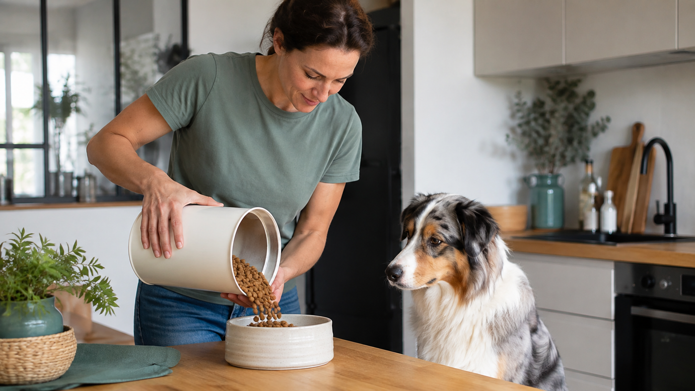 Un jeune chien assis près de gamelles, d'une laisse et d'un panier neufs, symbolisant le budget d'adoption
