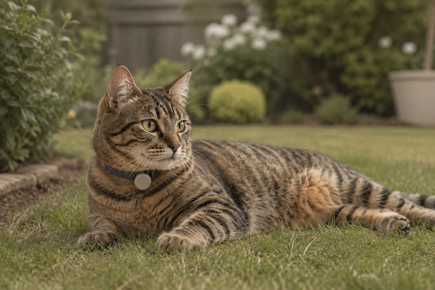 Un chat portant un petit traceur au collier dans un jardin