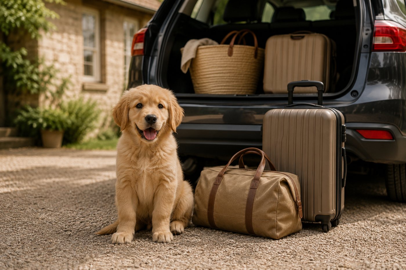 Un chien prêt à partir en vacances à côté des bagages