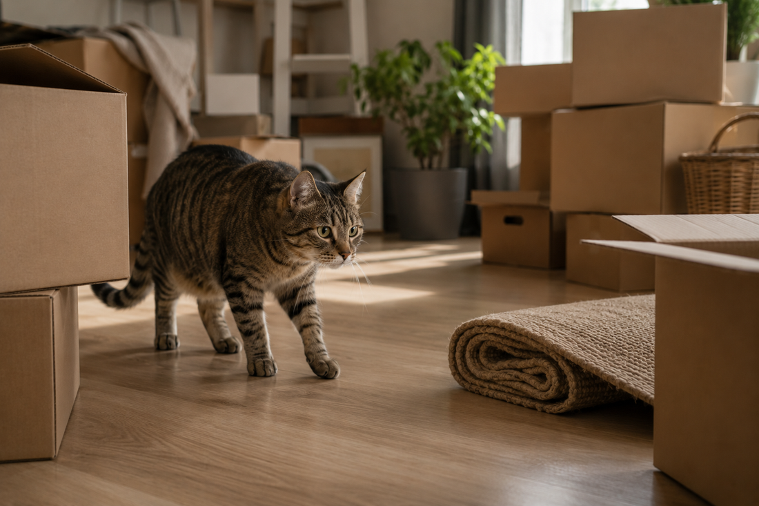 Chat explorant prudemment son nouveau logement rempli de cartons
