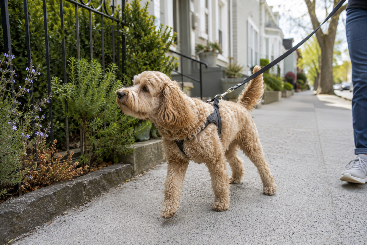 Chien découvrant son nouveau quartier en promenade