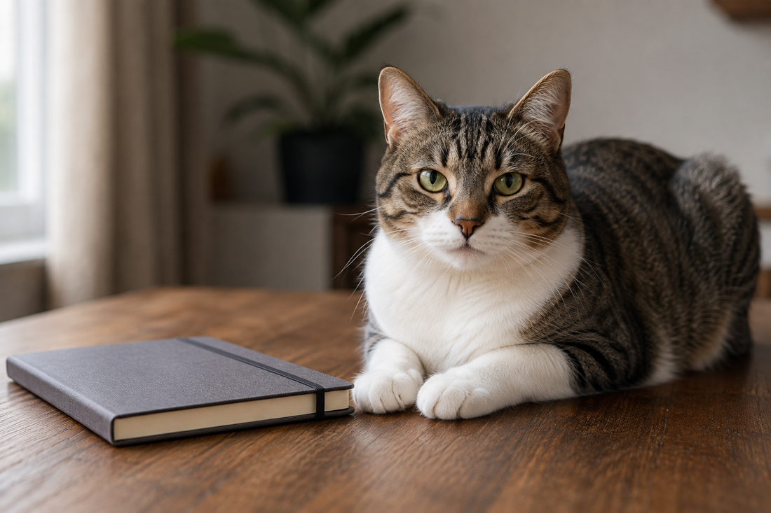 Chat calme à côté du carnet de santé, symbole de l'identification
