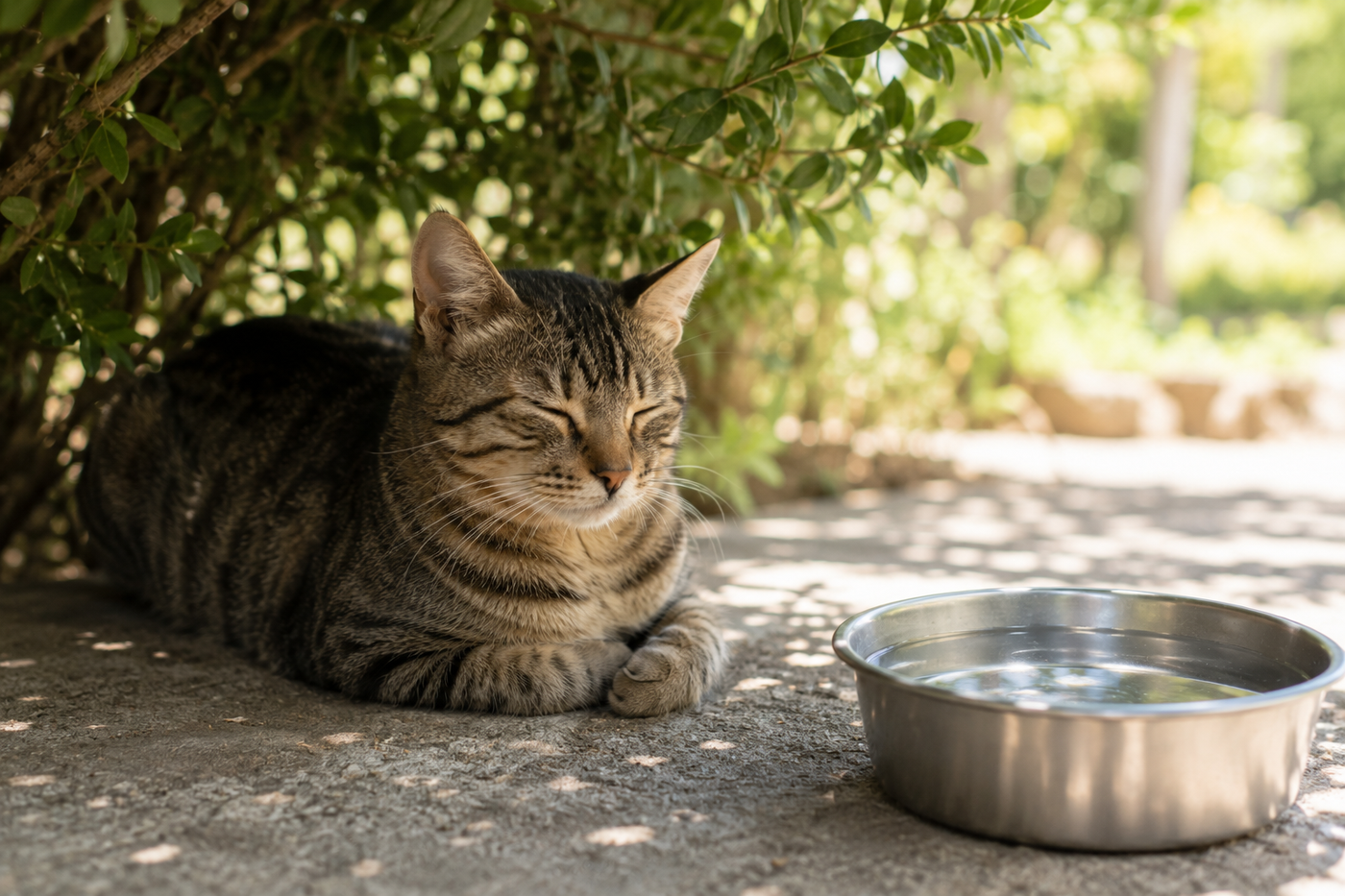 Chat se reposant à l'ombre lors d'une chaude journée d'été