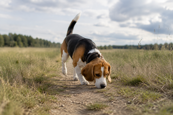 Chien flairant une piste dans un champ ouvert