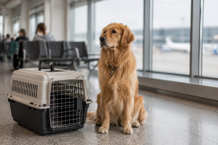 Chien calme à côté de sa caisse de transport à l'aéroport