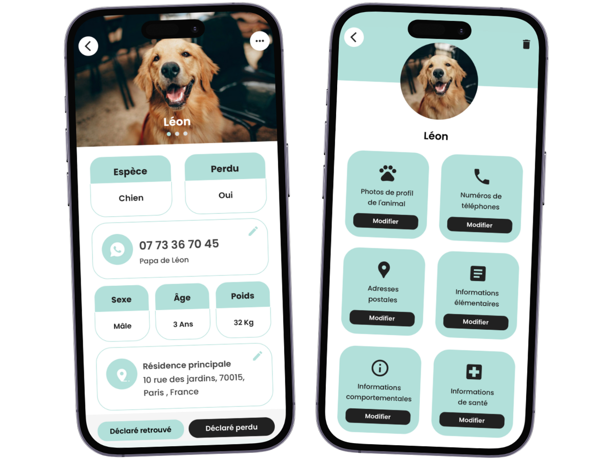 Profil d’un chien dans l’application Animoco : photo, mode perdu, contact, âge et adresse