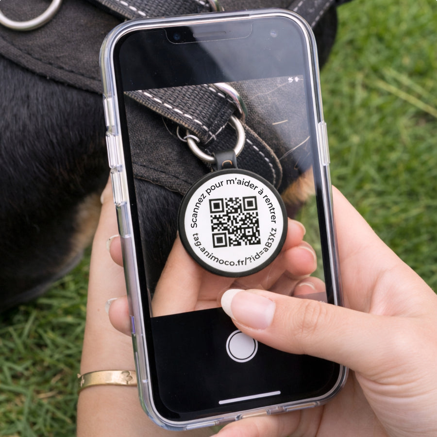 Une personne scanne le QR code gravé de la médaille Animoco avec l’appareil photo de son téléphone