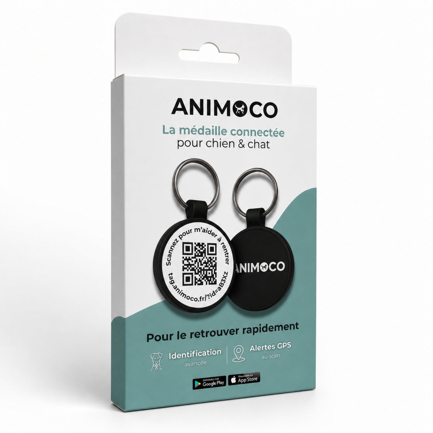 Médaille pour chien Animoco, QR code gravé au laser au recto et logo au verso