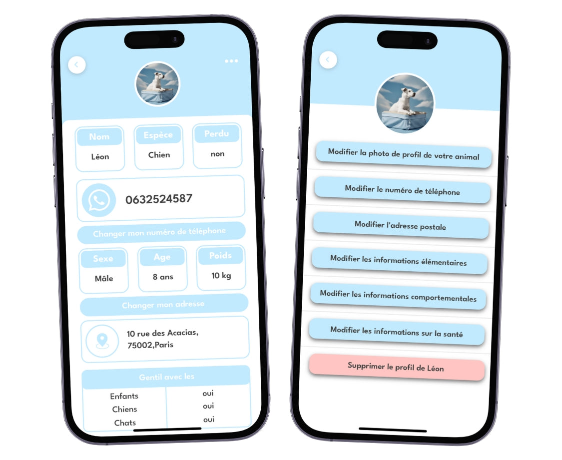 Deux écrans de smartphone montrant le profil détaillé d'un chien nommé Léon et les options de gestion dans l'application Animoco, incluant la modification des informations de contact, des données comportementales et de santé, et la suppression du profil.